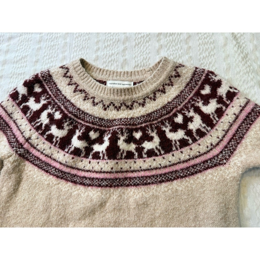 Cupcakes & Cashmere Fair Isle Reindeer Sweater Women Cream‎ Burgundy Nordic XS